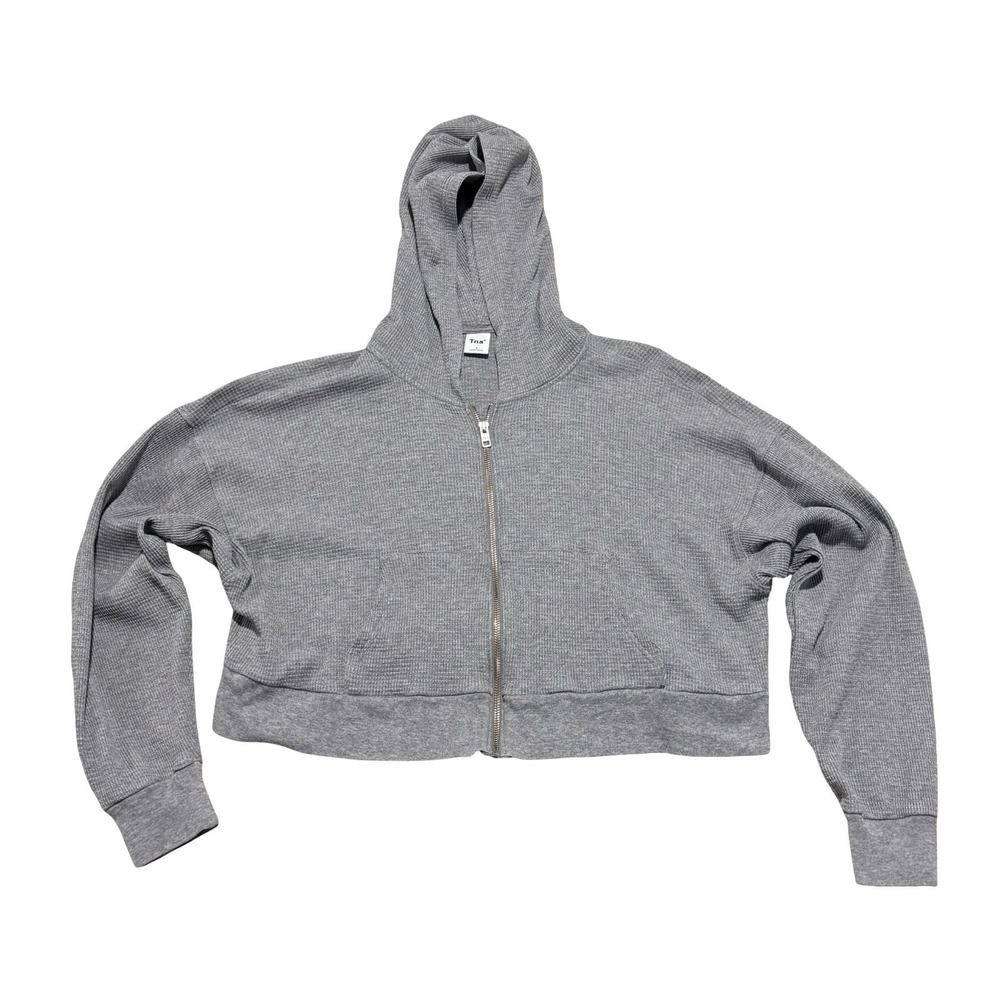Aritzia TNA Boxy Waffle Knit Zip Up Crop Hoodie Gray Size 2 - 23 x 18